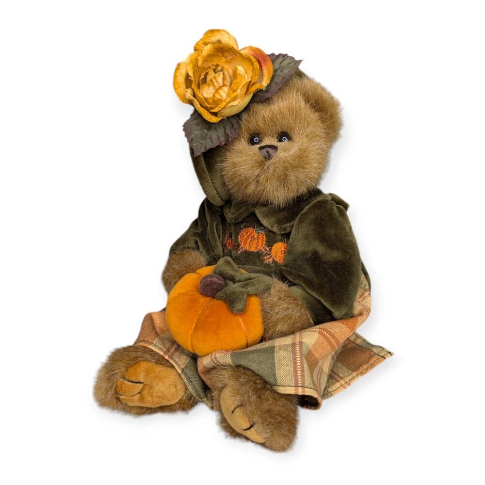 The Bearington Collection "Autumn Harvester" Jointed Plush Bear w/Plush Pumpkin